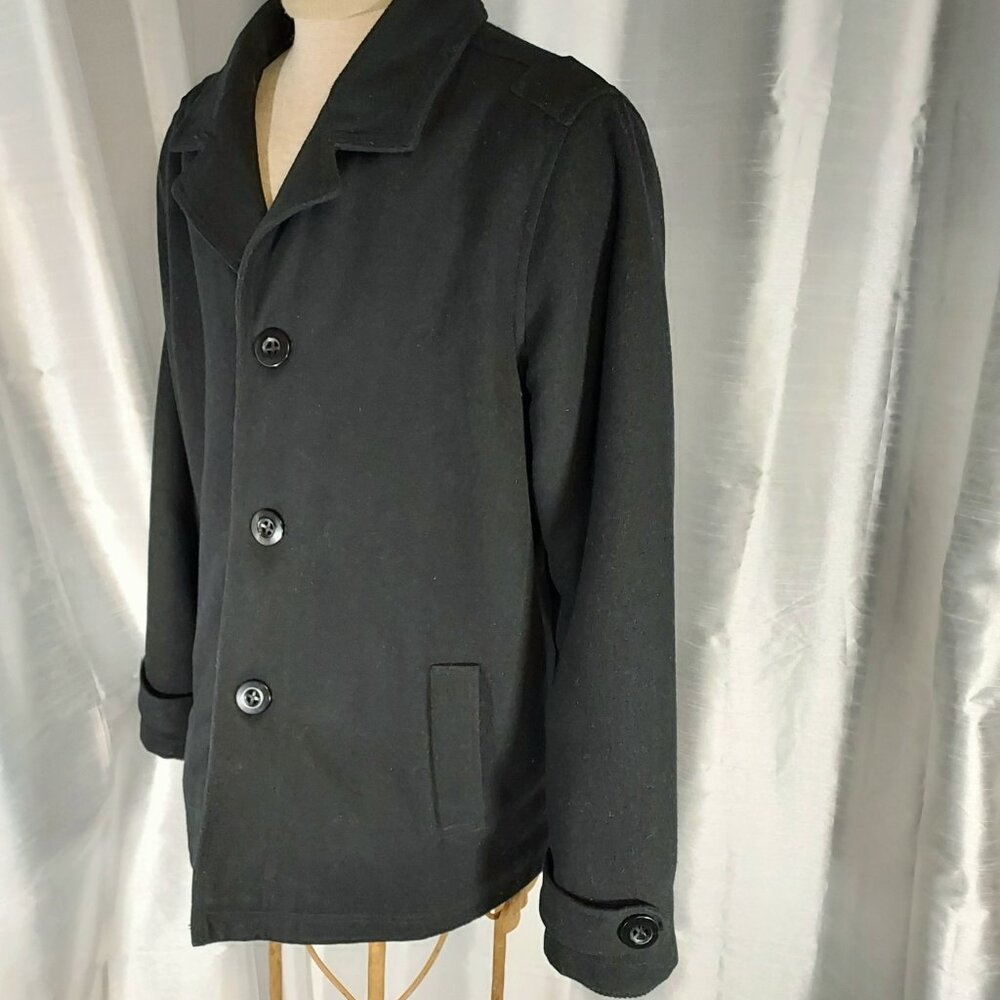 BKE Wool Blend Jacket Coat Mens Size Large 3/4 Length Black Insulated Button Zip